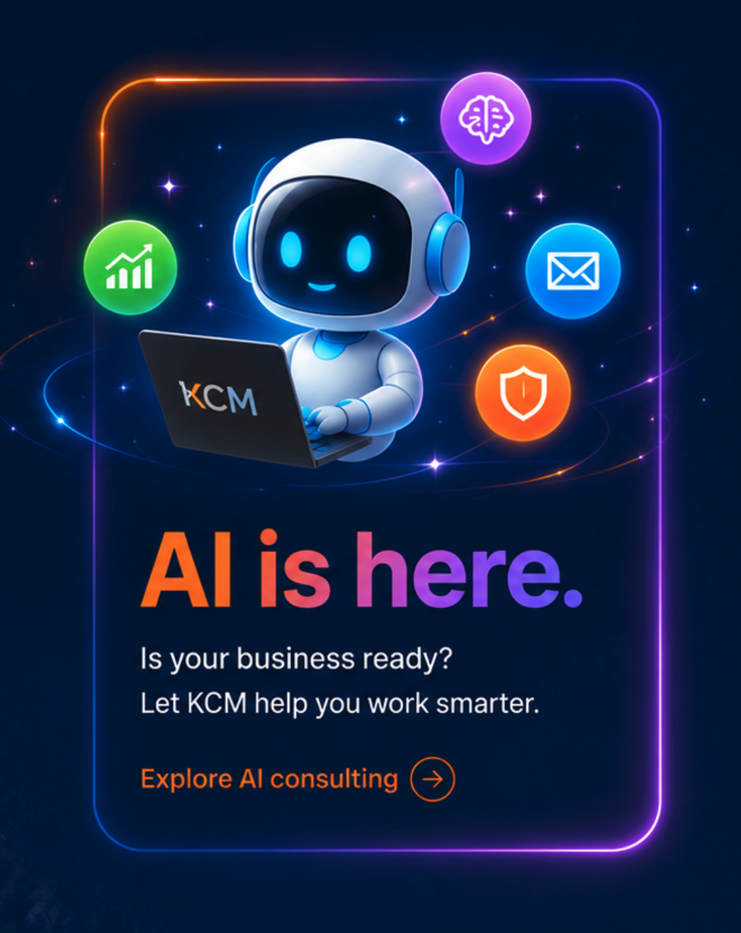 KCM AI mascot with laptop and colorful AI icons